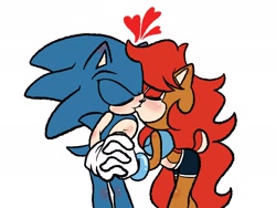 Size: 2048x1536 | Tagged: safe, artist:butterrrmoth, sally acorn, sonic the hedgehog, chipmunk, hedgehog, 2022, cute, duo, eyes closed, female, heart, holding something, kiss, male, sally x sonic, sally's ringblader outfit, shipping, simple background, standing, straight, white background