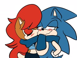 Size: 2048x1536 | Tagged: safe, artist:butterrrmoth, sally acorn, sonic the hedgehog, chipmunk, hedgehog, 2022, blushing, cute, duo, eyes closed, female, kiss, kiss on cheek, long hair, male, sally x sonic, sally's ringblader outfit, scarf, shipping, simple background, straight, white background