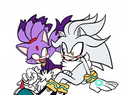 Size: 2048x1536 | Tagged: safe, artist:butterrrmoth, blaze the cat, silver the hedgehog, cat, hedgehog, 2022, blaze x silver, blushing, cute, duo, female, looking at each other, male, shipping, simple background, sitting, straight, talking
