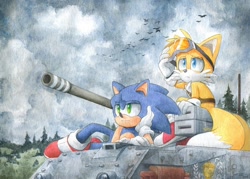 Size: 1900x1360 | Tagged: safe, artist:finikart, miles "tails" prower, sonic the hedgehog, bird, fox, hedgehog, 2023, clouds, cloudy, daytime, duo, forest, literal animal, looking offscreen, lying down, lying on side, male, tank, vehicle