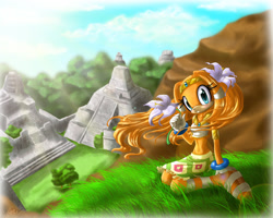 Size: 1700x1360 | Tagged: safe, artist:evilqueenie, tikal, echidna, clouds, daytime, female, grass, kneeling, outdoors, solo