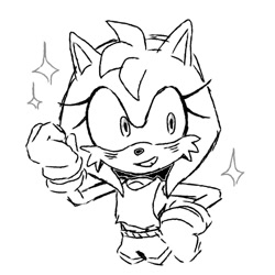 Size: 953x953 | Tagged: safe, artist:redstarring, amy rose, 2026, alternate outfit, cheek fluff, clenched fists, hand on hip, line art, monochrome, shorts, sketch, smile, solo, sparkles, tank top