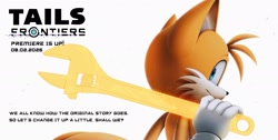 Size: 2048x1032 | Tagged: safe, artist:thatbirdguy_, miles "tails" prower, sonic frontiers, 2026, alternate universe, au:tails frontiers, english text, from behind, holding something, lineless, looking at viewer, looking back, looking back at viewer, smile, solo, text, wrench