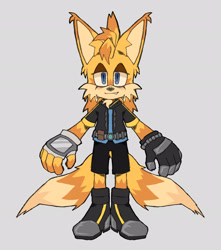 Size: 1810x2048 | Tagged: safe, artist:redstarring, miles "tails" prower, nine, sonic prime, 2026, alternate universe, au:twin tails, ear fluff, front view, fur markings, grey background, lidded eyes, simple background, smile, solo, standing