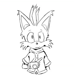 Size: 1169x1223 | Tagged: safe, artist:redstarring, miles "tails" prower, nine, sonic prime, 2026, ask response, line art, looking at viewer, meme, monochrome, mouth open, pointing, simple background, solo, standing, white background, who me?