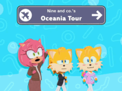 Size: 800x597 | Tagged: safe, artist:redstarring, amy rose, miles "tails" prower, nine, sonic prime, 2026, animated, english text, frown, gif, nine is not amused, screencap, self paradox, smile, text, tomodachi life:living the dream, trio, unamused
