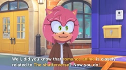 Size: 1384x773 | Tagged: safe, artist:redstarring, amy rose, 2026, anime, building, daytime, dialogue, english text, outdoors, screencap, smile, solo, standing, talking, talking to offscreen character, text, the shatterverse, tomodachi life:living the dream