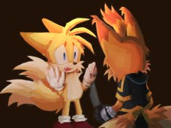 Size: 2010x1511 | Tagged: safe, artist:redstarring, miles "tails" prower, nine, sonic prime, 2026, brown background, duo, floppy ears, fur markings, hands up, holding something, knife, lineless, looking at each other, one fang, self paradox, simple background, standing, surrendering, this won't end well, weapon