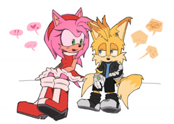 Size: 1452x1031 | Tagged: safe, artist:redstarring, amy rose, miles "tails" prower, nine, sonic prime, ..., 2026, cheek fluff, duo, ear fluff, exclamation mark, flat colors, frown, fur markings, heart, lidded eyes, looking at each other, mouth open, one fang, simple background, sitting, smile, speech bubble, squiggle, sweatdrop, talking, treads, white background