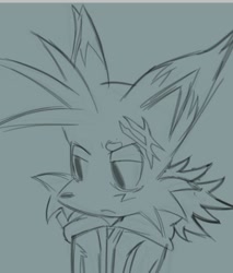 Size: 720x847 | Tagged: safe, artist:waitwhatisaname, miles "tails" prower, nine, sonic prime, 2025, aromantic, asexual, beanbrows, female, frown, gender swap, grey background, hoodie, lidded eyes, line art, looking offscreen, monochrome, nine is not amused, ponytail, sapphic, scar, simple background, sketch, solo, unamused