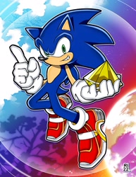 Size: 1583x2048 | Tagged: safe, artist:rikoandtako, sonic the hedgehog, sonic adventure 2, 2026, abstract background, chaos emerald, holding something, outline, pointing, signature, smile, soap shoes, solo, style emulation, uekawa style