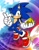 Size: 1583x2048 | Tagged: safe, artist:rikoandtako, sonic the hedgehog, hedgehog, sonic adventure 2, 2026, abstract background, chaos emerald, holding something, looking at viewer, male, outline, pointing, signature, smile, soap shoes, solo, style emulation, uekawa style