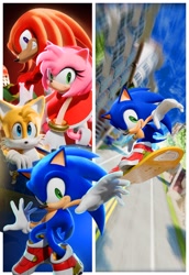 Size: 1405x2047 | Tagged: safe, artist:wwolforam, amy rose, knuckles the echidna, miles "tails" prower, sonic the hedgehog, city escape, sonic adventure 2, 2026, 3d, board, border, building, cyclone, daytime, group, looking at viewer, outdoors, road, smile, soap shoes, tails logo, team sonic