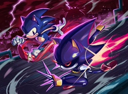 Size: 2048x1500 | Tagged: safe, artist:gazo1a, metal sonic, sonic the hedgehog, sonic cd, 2026, abstract background, black sclera, classic sonic, clenched fists, duo, electricity, fire, flame, frown, lineless, looking ahead, looking at them, racing, robot, running, stardust speedway, treads