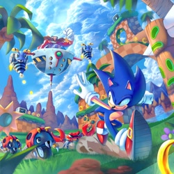 Size: 750x750 | Tagged: safe, artist:chaosc0ntr0l, buzz bomber, moto bug, robotnik, sonic the hedgehog, green hill zone, 2026, badnik, chasing, classic sonic (universe), clouds, coconut, crabmeat, daytime, dust clouds, eggmobile, flower, flying, food, fruit, grass, group, invincibility monitor, lineless, loop, mid-air, monitor, outdoors, palm tree, ring, robot, running, smile, sunflower, totem pole, treads, tree, water, waterfall