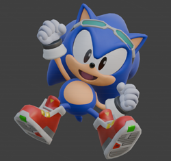 Size: 723x681 | Tagged: safe, artist:danthedj12, sonic the hedgehog, 2026, 3d, classic sonic, clenched fists, grey background, looking at viewer, mouth open, outfit swap, riders outfit, simple background, smile, solo, sonic riders, treads