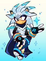 Size: 1536x2048 | Tagged: safe, artist:liquilv, silver the hedgehog, 2026, alternate outfit, arm sleeves, bandage, boots, chest fluff, frown, fur markings, gloves, gradient background, kinsona, lidded eyes, looking offscreen, scarf, signature, solo, sparkles, stockings, toeless shoes