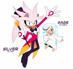 Size: 2048x1936 | Tagged: safe, artist:erlangfan69, sage, silver the hedgehog, sonic frontiers, 2026, bubble (the amazing digital circus), caine (the amazing digital circus), cane, crossover, digital static, duo, glitch, heterochromia, holding something, looking at viewer, mouth open, ringmaster outfit, simple background, smile, the amazing digital circus, white background