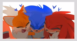 Size: 2048x1108 | Tagged: safe, artist:indigobeatss, knuckles the echidna, miles "tails" prower, sonic the hedgehog, 2026, border, cute, eyes closed, group hug, heart, hugging, mouth open, simple background, smile, trio, white background