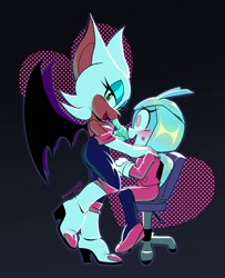 Size: 1627x2000 | Tagged: safe, artist:nek0platinum, jewel the beetle, rouge the bat, 2026, blushing, chair, crack shipping, duo, gradient background, hand on shoulder, jewel x rouge, kiss marks, lesbian, shipping, side view, sitting, smile, swirly eyes