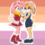 Size: 2048x2048 | Tagged: safe, artist:boobie-zeal, amy rose, cream the rabbit, 2026, aged up, alternate outfit, amream, bandana, blushing, duo, heart, lesbian, lesbian pride, outline, piko piko hammer, pride, pride flag, pride flag background, pride month, shipping, smile, standing