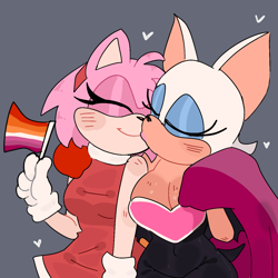 Size: 1280x1280 | Tagged: safe, artist:math9909, amy rose, rouge the bat, 2026, age difference, amy x rouge, arm around shoulders, blushing, busty rouge, cape, cleavage, eyes closed, flag, grey background, heart, kiss, lesbian, lesbian pride, pride, pride flag, pride month, shipping, simple background, smile