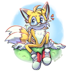 Size: 2160x2160 | Tagged: safe, artist:nube_v1, miles "tails" prower, 2026, ear fluff, fur markings, glasses, gradient background, grass, looking at viewer, shoelaces, signature, sitting, smile, socks, solo