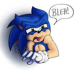 Size: 2600x2359 | Tagged: safe, artist:sneakingsniper, sonic the hedgehog, 2026, bleh, bust, dialogue, exclamation mark, faic, looking offscreen, mouth open, reaction image, signature, simple background, solo, speech bubble, text, tongue out, white background