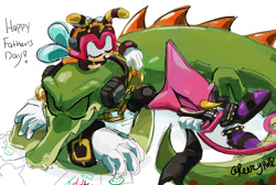 Size: 1461x982 | Tagged: safe, artist:reezypuffz, charmy bee, espio the chameleon, vector the crocodile, 2026, arms folded, english text, eyes closed, father's day, signature, simple background, sleeping, smile, team chaotix, text, trio, white background
