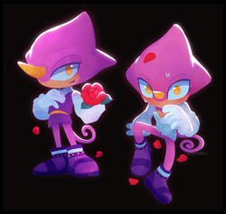 Size: 950x900 | Tagged: safe, artist:cheriipan, espio the chameleon, the murder of sonic the hedgehog, 2026, black background, cute, duality, espibetes, flower, frown, holding something, lidded eyes, lineless, no outlines, petal, petals, simple background, sitting, smile, solo, standing, sweatdrop