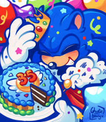 Size: 1300x1500 | Tagged: safe, artist:ghostie_berry, sonic the hedgehog, 2026, anniversary, balloon, birthday, cake, cape, confetti, crown, cute, eyes closed, food, holding something, plate, signature, smile, solo, sonabetes