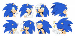Size: 2048x972 | Tagged: safe, artist:thatbirdguy_, sonic the hedgehog, ..., 2026, arms folded, bust, expression sheet, faic, flat colors, frown, hand on head, happy, laughing, lidded eyes, looking offscreen, simple background, smile, solo, white background