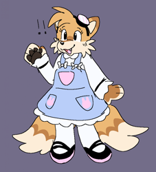 Size: 1830x2014 | Tagged: safe, artist:vurrsys, miles "tails" prower, oc, oc:molly prower, 2025, cute, dress, exclamation mark, eyewear on head, flat colors, fur markings, goggles, goggles on head, lolita, one fang, purple background, simple background, socks, solo, tailabetes, trans female, trans girl tails, transgender