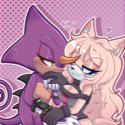Size: 1919x1919 | Tagged: safe, artist:faburin, espio the chameleon, oc, oc:faith the wolf, wolf, 2026, canon x oc, cleavage, duo, espio x faith, heart, kiss, kiss on hand, lidded eyes, looking at each other, outline, shipping, straight, valentine's day