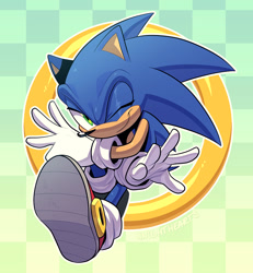 Size: 953x1030 | Tagged: safe, artist:scourgefrontier, sonic the hedgehog, 2026, backwards v sign, looking at viewer, outline, posing, ring, smile, solo, treads, v sign, wink