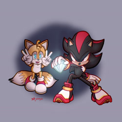 Size: 1748x1748 | Tagged: safe, artist:starrygirlypop, miles "tails" prower, shadow the hedgehog, 2026, chaos emerald, double v sign, duo, frown, gradient background, holding something, looking at viewer, looking offscreen, posing, redraw, shadow the hedgehog (video game), signature, smile, v sign, victory pose