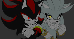 Size: 1280x670 | Tagged: safe, artist:rivennes, shadow the hedgehog, silver the hedgehog, 2026, arms folded, clenched fist, duo, flat colors, frown, glowing eyes, grey background, hand on hip, looking offscreen, simple background, standing