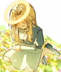 Size: 1729x2048 | Tagged: safe, artist:q__sci, maria robotnik, human, 2025, blushing, covering eyes, grass, halo, kneeling, mouth open, open smile, simple background, smile, solo, white background