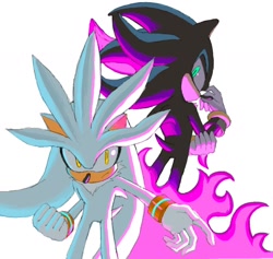Size: 1248x1182 | Tagged: safe, artist:3i8akira, mephiles the dark, silver the hedgehog, 2024, back to back, colored fire, duo, fire, glowing eyes, looking at viewer, simple background, standing, white background