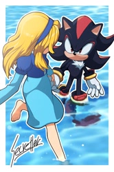 Size: 1000x1510 | Tagged: safe, artist:aq0_0pa_, maria robotnik, shadow the hedgehog, human, 2024, age difference, barefoot, border, duo, holding hands, looking at each other, maria x shadow, outline, partially submerged, pseudo-incest, shipping, signature, smile, standing, straight, walking, water