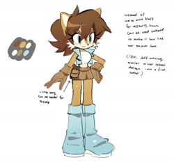 Size: 1331x1242 | Tagged: safe, artist:candleyy, sally acorn, 2026, arrow, bag, brown gloves, color palette, cute, english text, gloves, hand on hip, looking offscreen, redesign, sallabetes, simple background, skirt, smile, solo, standing, text, white background