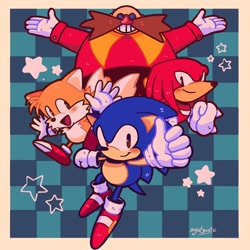 Size: 2048x2048 | Tagged: safe, artist:syatsuric, knuckles the echidna, miles "tails" prower, robotnik, sonic the hedgehog, human, 2026, blushing, border, checkered background, classic knuckles, classic robotnik, classic sonic, classic sonic (universe), classic tails, clenched teeth, cute, group, looking at viewer, mid-air, mouth open, open smile, signature, smile, star (symbol), thumbs up