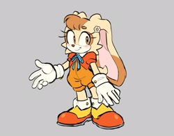 Size: 2048x1608 | Tagged: safe, artist:pikoreto, cream the rabbit, 2026, aged up, bodysuit, bolero, bow, clothes, daisy (flower), flat colors, flower, flower in ear, grey background, hand out, looking at viewer, ribbon, simple background, smile, solo, standing, tan nose