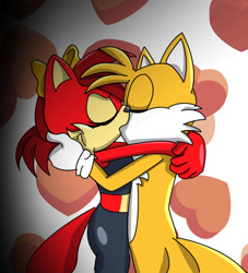 Size: 1050x1156 | Tagged: safe, artist:herl89, fiona fox, miles "tails" prower, fox, 2026, abstract background, duo, eyes closed, female, fiona x tails, heart, heart background, hugging, kiss, male, shipping, straight