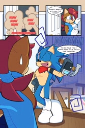 Size: 2100x3150 | Tagged: safe, artist:tvict101, sally acorn, sonic the hedgehog, chipmunk, hedgehog, 2022, adult, building, comic, dialogue, door, duo, dust, english text, female, hammer, holding something, indoors, looking at each other, male, older, opening door, present, sally x sonic, sally's ringblader outfit, scar, scarf, shipping, speech bubble, straight, sweatdrop, thinking