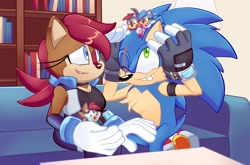 Size: 1920x1270 | Tagged: safe, artist:tvict101, sally acorn, sonic the hedgehog, oc, oc:dash acorn, oc:riri acorn, oc:willow acorn, chipmunk, hedgehog, 2022, adult, bookshelf, child, cute, family, fankid, father and child, father and daughter, father and son, female, group, happy, indoors, looking at each other, male, mother and child, mother and daughter, mother and son, older, one eye closed, sally x sonic, sally's ringblader outfit, scar, shipping, sitting, sofa, straight, table, toddler