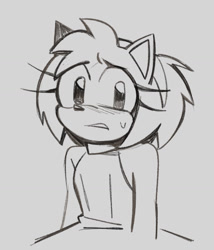 Size: 983x1146 | Tagged: safe, artist:amydaily, amy rose, 2026, frown, grey background, greyscale, line art, looking at viewer, monochrome, simple background, solo, standing, sweatdrop