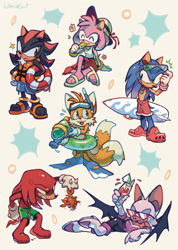 Size: 1457x2048 | Tagged: safe, artist:wweaselkat, amy rose, knuckles the echidna, miles "tails" prower, shadow the hedgehog, sonic the hedgehog, bat, echidna, fox, hedgehog, 2026, ambiguous gender, amybetes, barefoot, clothes, crab, crocs, cross popping vein, cute, drink, eating, eyewear on head, female, food, goggles, goggles on head, group, hat, life jacket, life ring, literal animal, lying down, lying on side, male, necklace, paws, ring, sandals, shadowbetes, simple background, skirt, snorkel, sonabetes, standing, summer, sun hat, sunglasses, surfboard, swimming flippers, swimming trunks, swimming tube, swimsuit, tailabetes, tank top, wall of tags, water gun, white background
