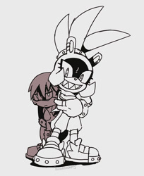 Size: 762x936 | Tagged: safe, artist:scourgefrontier, kit the fennec, surge the tenrec, 2026, clothes, duo, female, frown, grey background, looking at viewer, male, monochrome, simple background, smile