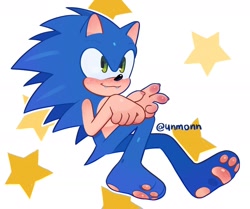 Size: 1964x1641 | Tagged: safe, artist:unmonn, sonic the hedgehog, 2026, barefoot, blushing, cute, fangs, gloves off, looking offscreen, male, pawpads, paws, signature, smile, solo, sonabetes, star (symbol), v sign